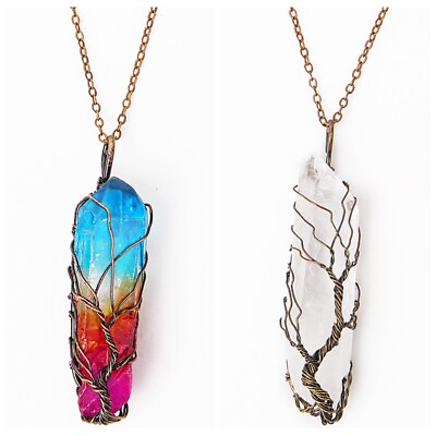 Clear Rainbow Crystal Chakra Pendant Bronze Wire Wrap Necklace aa $5.99