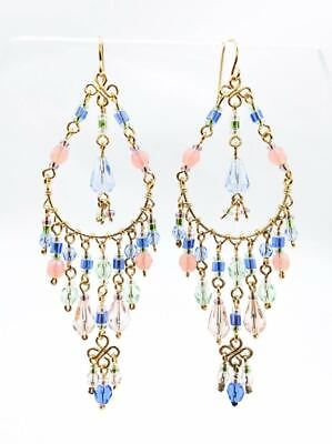 EXQUISITE Pastel Pink Opal Blue Green Multi Crystals Gold Chandelier Earrings $26.39