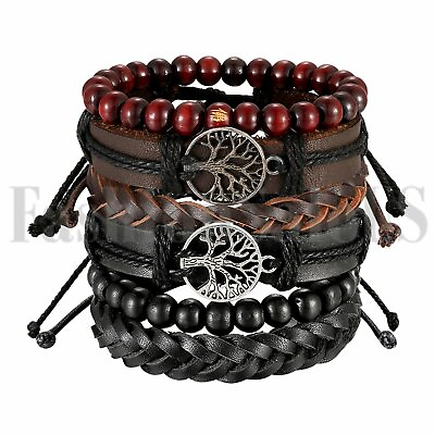 #ad 6pcs Leather Tribal Beaded Tree of Life Cuff Wristband Bracelet for Men Women $11.99