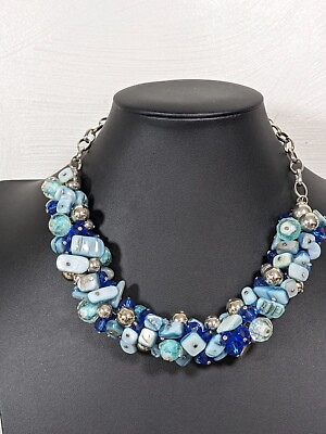 #ad Beachy Coastal Blue Shell Glass Bead Cluster Silver Tone necklace 19 inch $12.99