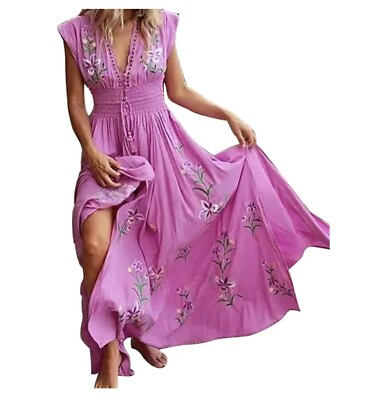#ad Summer Boho Pink Long Maxi Beach Dress Ladies Party Floral Sundress Large NWOT $17.00