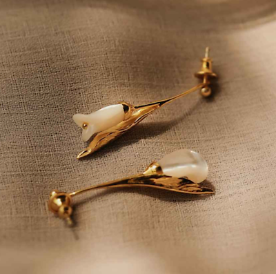 #ad Natural Pearl Lily Earring Sterling silver 925 gold plated 18k Handmade Dangle $94.00