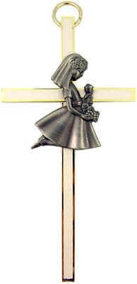 #ad White Enamel First Holy Communion Brass Wall Cross 4 Inch Girl $10.19