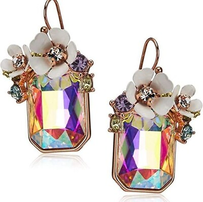 #ad Betsey Johnson Flower Cluster Stone Drop Earrings Iridescent Rectangle Stone $13.95