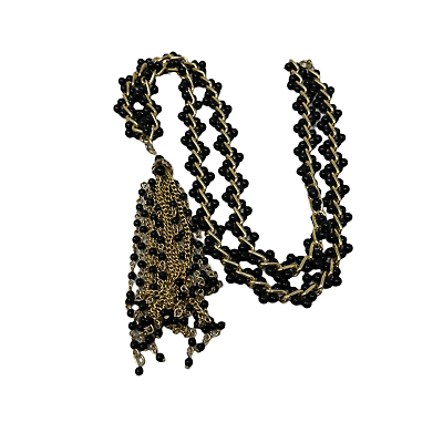 #ad Gold Black Necklace Beaded Long Chain Tassel Boho $12.99