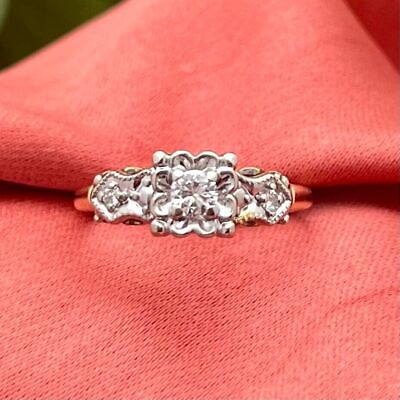 #ad 14K 3 Stone Diamond Engagement Ring TwoTone Gold 2mm Band 1940s Natural $699.00
