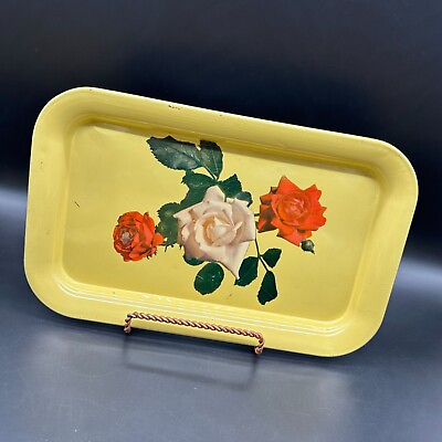 #ad Vintage Tray Yellow Metal Red Roses Flowers Decorative 1950s Rectangle Floral $17.60