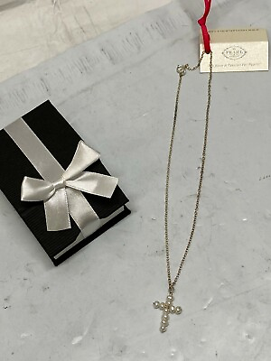 #ad Petite Pearl Cross Necklace White 14quot; New Minor Package Damage $46.82