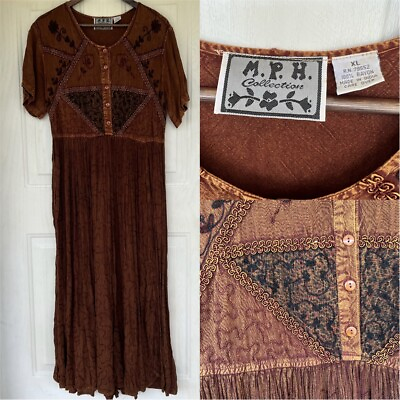 #ad Vintage Maxi Dress Cottagecore MPH Rayon Dark Brown Boho Hippie Size XL 80s 90s $35.99