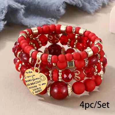 #ad 4 PCS Set Red Heart Charm Beads Layered Bracelet Set Bracelet Charm Jewelry Gift $12.98