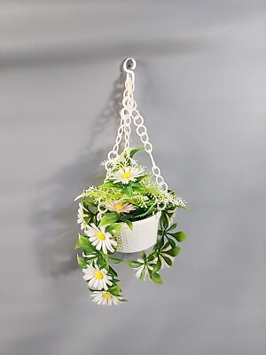 #ad Vintage Flower Basket Hanging Plastic Faux Daisies White Green Decor $12.99
