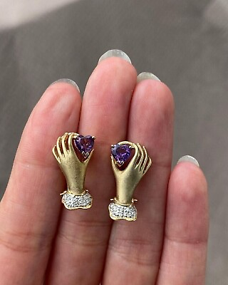 #ad 2Ct Simulated Amethyst Heart Holding With Hand Earrings 14k Yellow Gold Plated $110.70