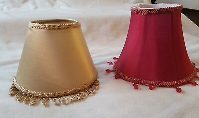 #ad Red Fabric Beaded and Gold Chandeliers Candle Stick Lamp Shade Clip Ons 5quot; amp; 4quot; $28.90