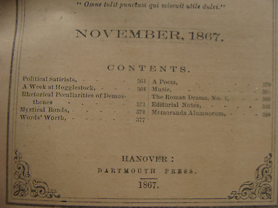 #ad original DARTMOUTH COLLEGE november 1867 THE DARTMOUTH 40pgs $71.61