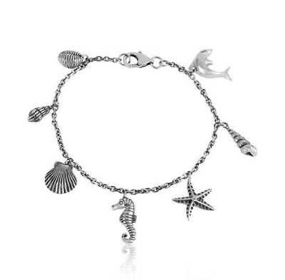 #ad Sea Life Multi Charms Handmade Designer 925 Silver Oxidized Chain Bracelet $58.41