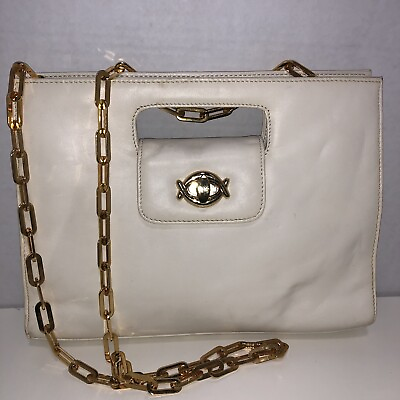 #ad Vintage Giani Bernini Ivory Leather Clutch Gold Chain Strap Shoulder Bag $17.95