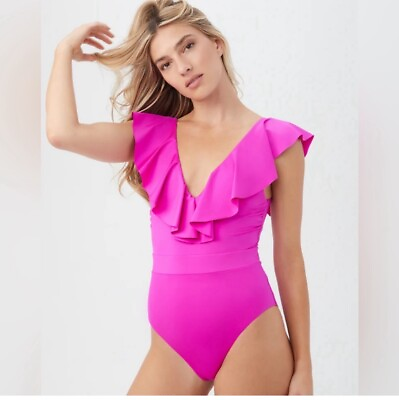 #ad TRINA TURK Monaco Solids Ruffle V Neck One Piece Swimsuit Pink Sz. 10 $35.00