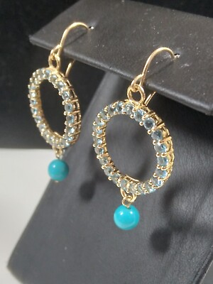 #ad 14K Gold Blue Topaz and Turquoise Hoop Dangle Earrings $350.00