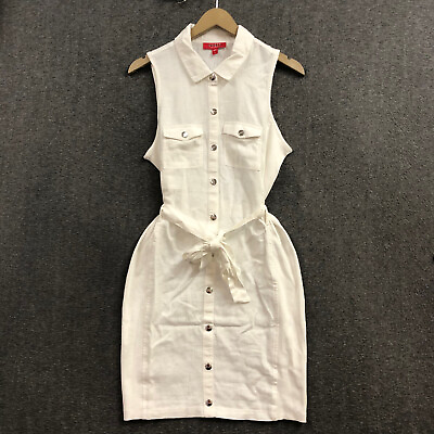 #ad Guess White Denim Waist Belt Shirt Dress Collared Sleeveless Size Large NWOT $22.99