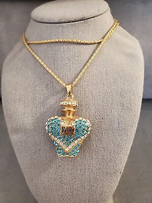 #ad Betsey Johnson Rhinestone Perfume Bottle Necklace Blue amp; Gold Signed $19.00