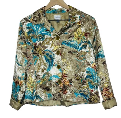 #ad Chicos Silk Blend Floral Print Gold Metallic Thread Button Up Blazer Size 1 M $24.00
