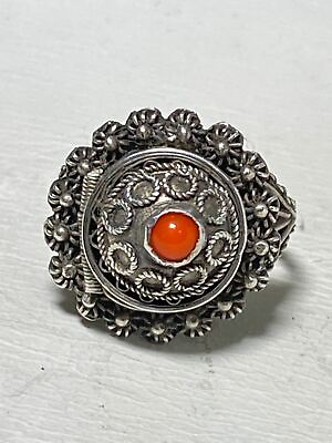 #ad Poison ring filigree vintage coral beaded silver women girls size 7 $128.00