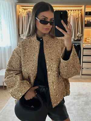 #ad Metallic Sequins O Neck Jacket for Stand Collar Long Sleeve Coat Street Female $60.26
