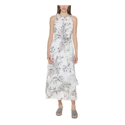 #ad Calvin Klein Elegant Ivory Gray Floral Halter Gown Long Dress size 6 $40.80