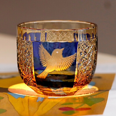 #ad Crystal Amber Blue Shot Drink Glasses Edo Kiriko Sake Glass Handmade 2oz $69.88