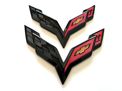 #ad Corvette C7 Front Rear Emblem Badge 2014 2019 Cross Flag logo Glossy Red Black $25.85
