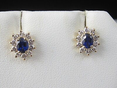 #ad Sapphire Diamond Earrings Princess Diana Halo 14K Yellow Gold Oval Blue Pierced $495.00
