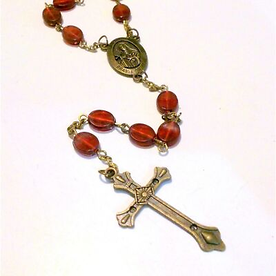 #ad Vintage Red Bead and Brass Tone Saint Therese Rosary $9.99