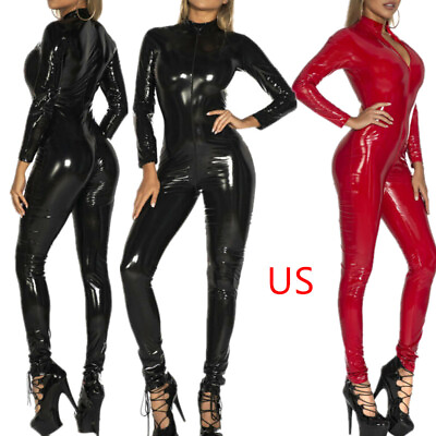 #ad US Women Wet Look PVC Leather Catsuit Shiny Wet Look Jumpsuit Clubwear Nightwear $26.66