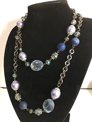 #ad Costume Jewelry Long Faux Crystal Chain Necklace Blue Antique Silver Tone $17.85