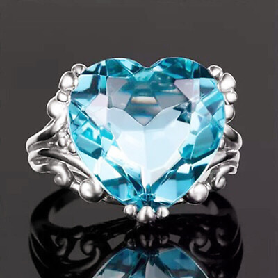 #ad Blue Heart Zircon Ring Woman Wedding Silver Band Engagement Crystal Jewlery Gift C $2.16