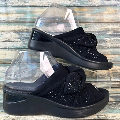 #ad Bzees Smile Bright Slide Sandals Womens 6M Black Open Toe Wedge Heel Comfort $26.22