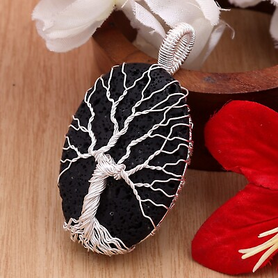 #ad Black Raw Lava Stone Tree Handmade Pendant Silver Wire Wrap Women Jewelry $78.39