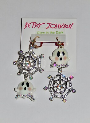 #ad Authentic Betsey Johnson Cute Crystal Ghost Spiderweb Halloween Earrings $32.99