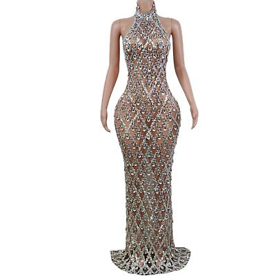 #ad Gorgeous Silver Dress Bodycon Halter Sleeveless Ballroom Evening Clothing Prom $231.50