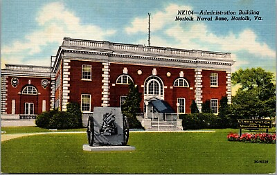 #ad Vtg Virginia VA Administration Building Norfolk Naval Base 1950s Linen Postcard $14.99