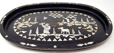 #ad Chinese Black Lacquer Tray Inlaid Silver Color Oval Farming Woods Medium Vintage $29.95