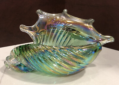 #ad Iridescent Green Blue Conch Shell Art Glass SIGNED Wilson 2000 $125.00