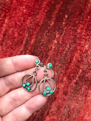 #ad Native American Turquoise Zuni Snake eye dangle earrings sterling estate $75.00