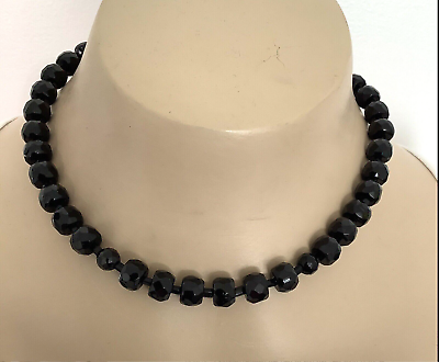 #ad Czechoslovakia Black Glass Facetted Bead Choker Necklace 72 $12.95