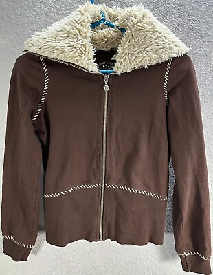 #ad Womens Twisted Heart Brown Zip Up Jacket Long sleeve Sherpa Collar Cotton Size P $16.25
