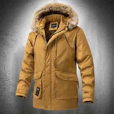 #ad Warm Parka Jackets Men Fur Hooded Winter Jackets Men Outdoor Coats $101.02