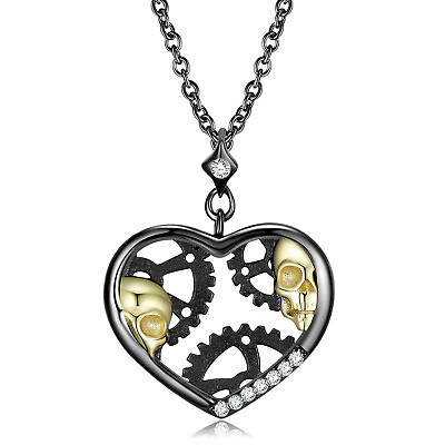 #ad 925 Sterling Silver Black Rhodium CZ Skull Gear Heart Pendant Necklace Gothic $25.00
