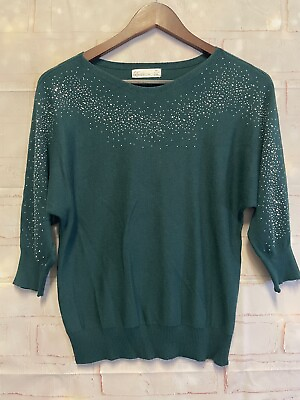 #ad 89th and madison green sweater rhinestone accent ribbed hem size small $14.88