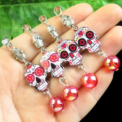 #ad 4Pcs Red Titanium crystal Ball Tibetan silver Enamel Skull Pendant Bead SSG3933 $10.13