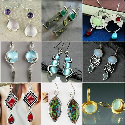 #ad 925 Silver Wedding Earrings Vintage Gemstone Dangle Drop Hook Women Fine Jewelry C $3.18